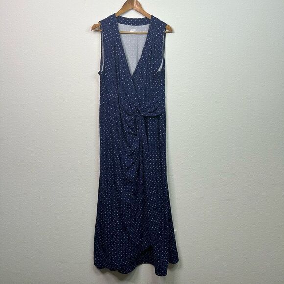 Land’s End Women’s Faux Wrap Blue Polka Dot Sleeveless Maxi Dress Size XL - Picture 1 of 13